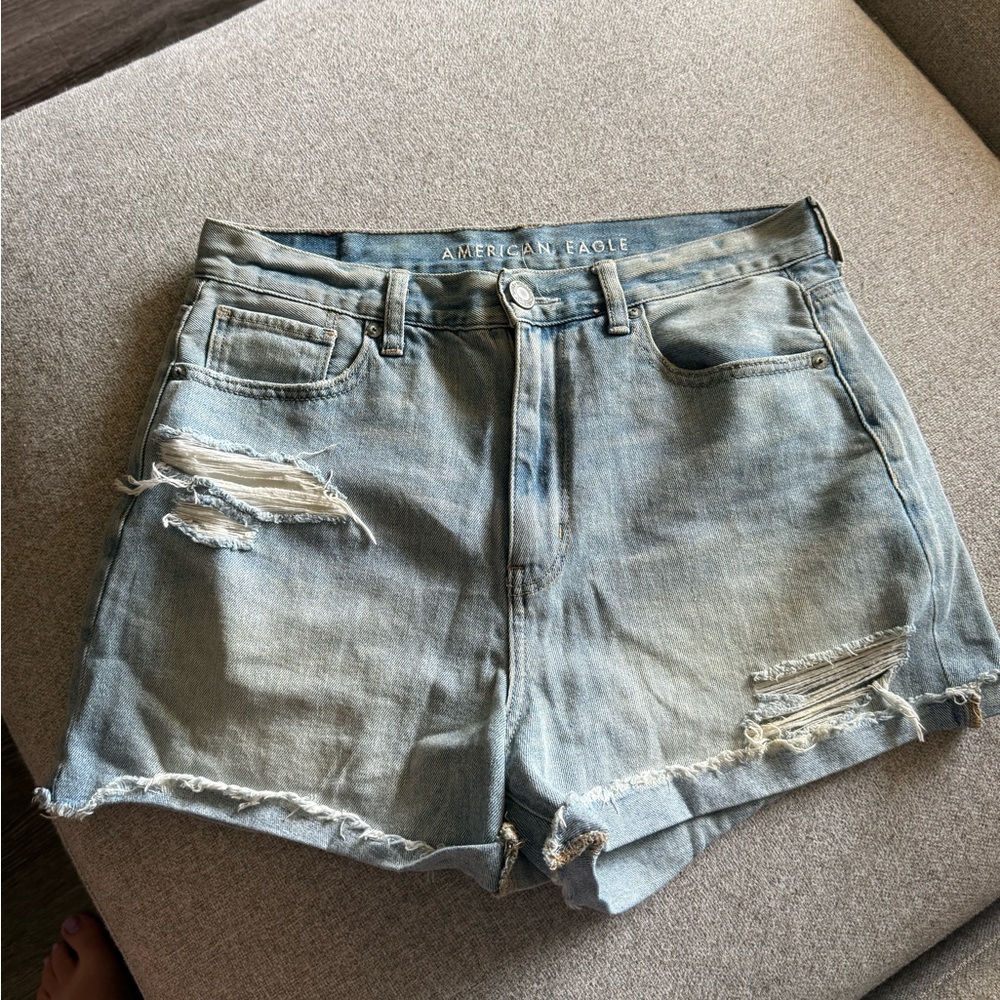 American Eagle Outfitters Light Blue Distressed Jean High Waisted Mom Shorts